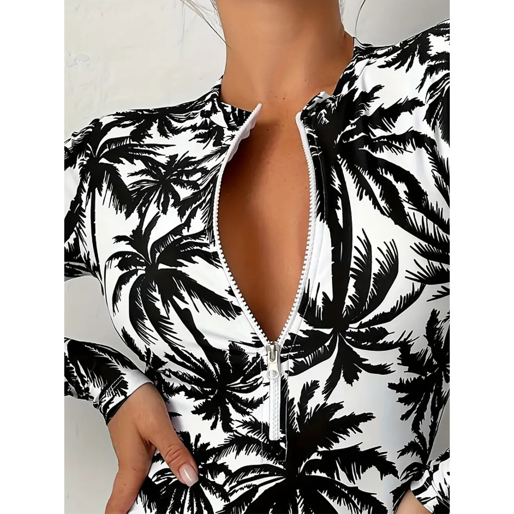 Womens Palm Tree Print Swimsuit Sexy Long Sleeve Bikini Set High Stretch Swimwear Black And White B 3