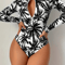 Womens Palm Tree Print Swimsuit Sexy Long Sleeve Bikini Set High Stretch Swimwear Black And White B 4
