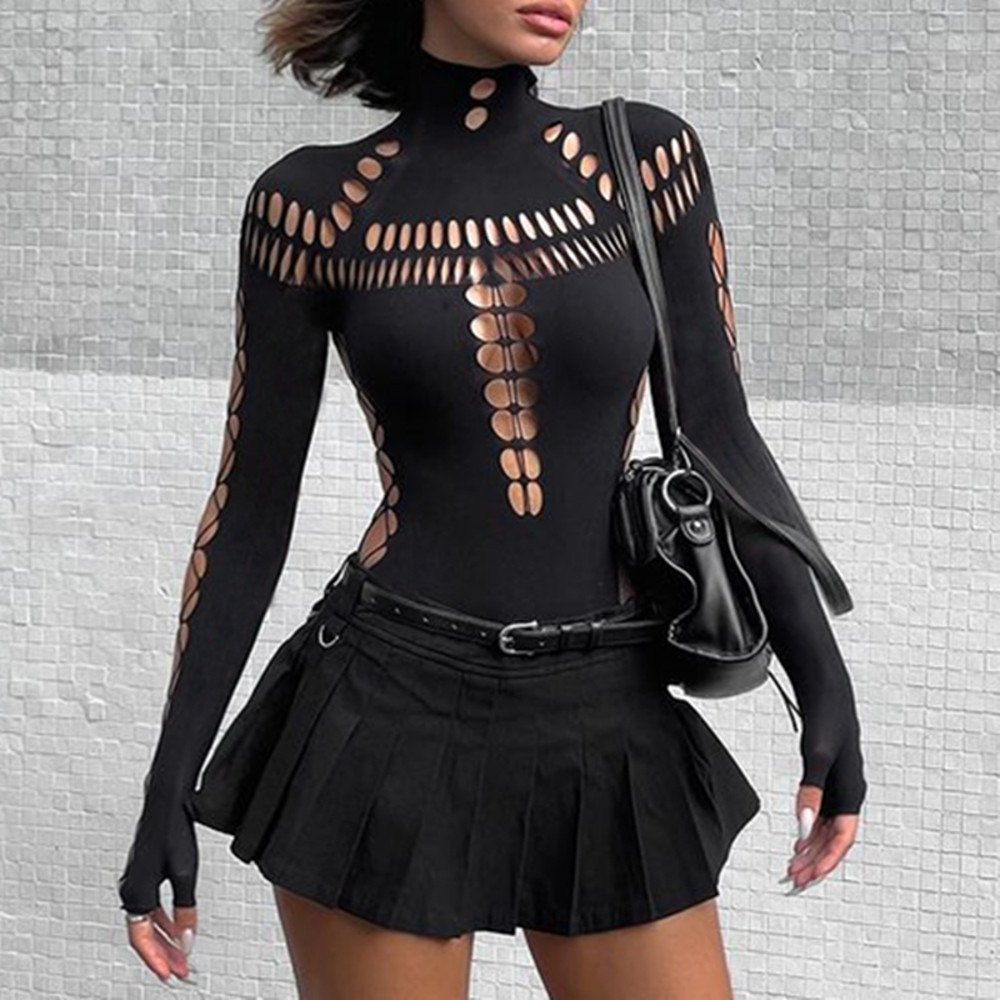 Gothic Punk Streetwear Bodysuit Sexy Hollow Out High Collar Bodycon Long Sleeves T Shirt For Women 5