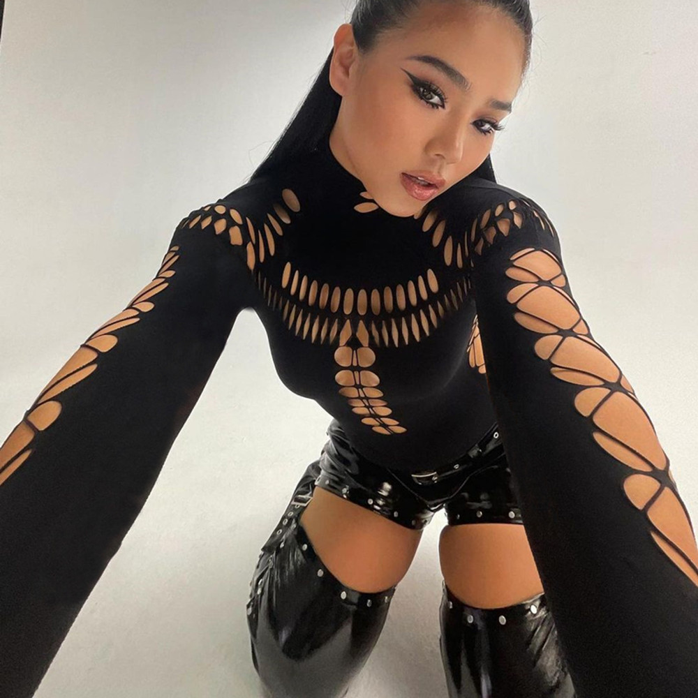 Gothic Punk Streetwear Bodysuit Sexy Hollow Out High Collar Bodycon Long Sleeves T Shirt For Women 3