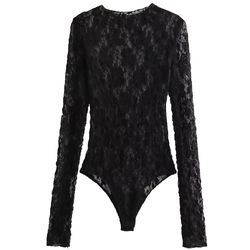 sexy black lace bodysuit for women, chic hollow out design, long sleeves, high spandex lingerie