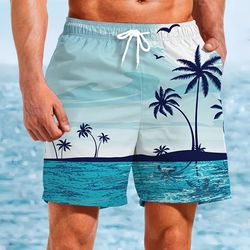 mens beach surfing shorts, 3d printed palm tree pattern, waterproof and quick drying, fashionable and sexy swimwear