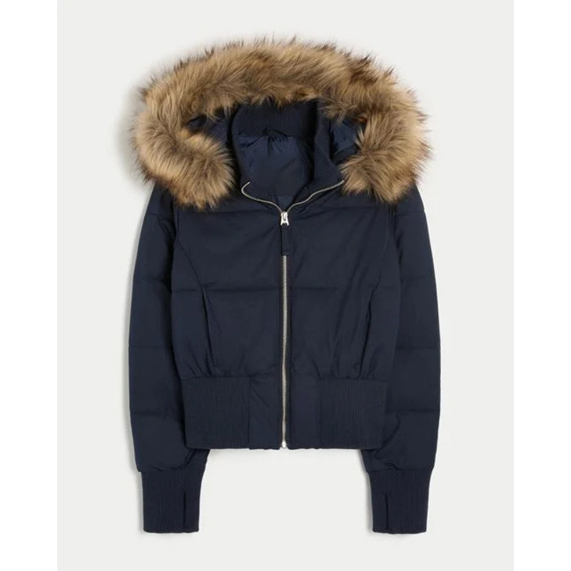 Womens Faux Fur Hooded Jacket, Quilted Cropped Coat, Winter Fashion Outerwear with Zipper Pockets