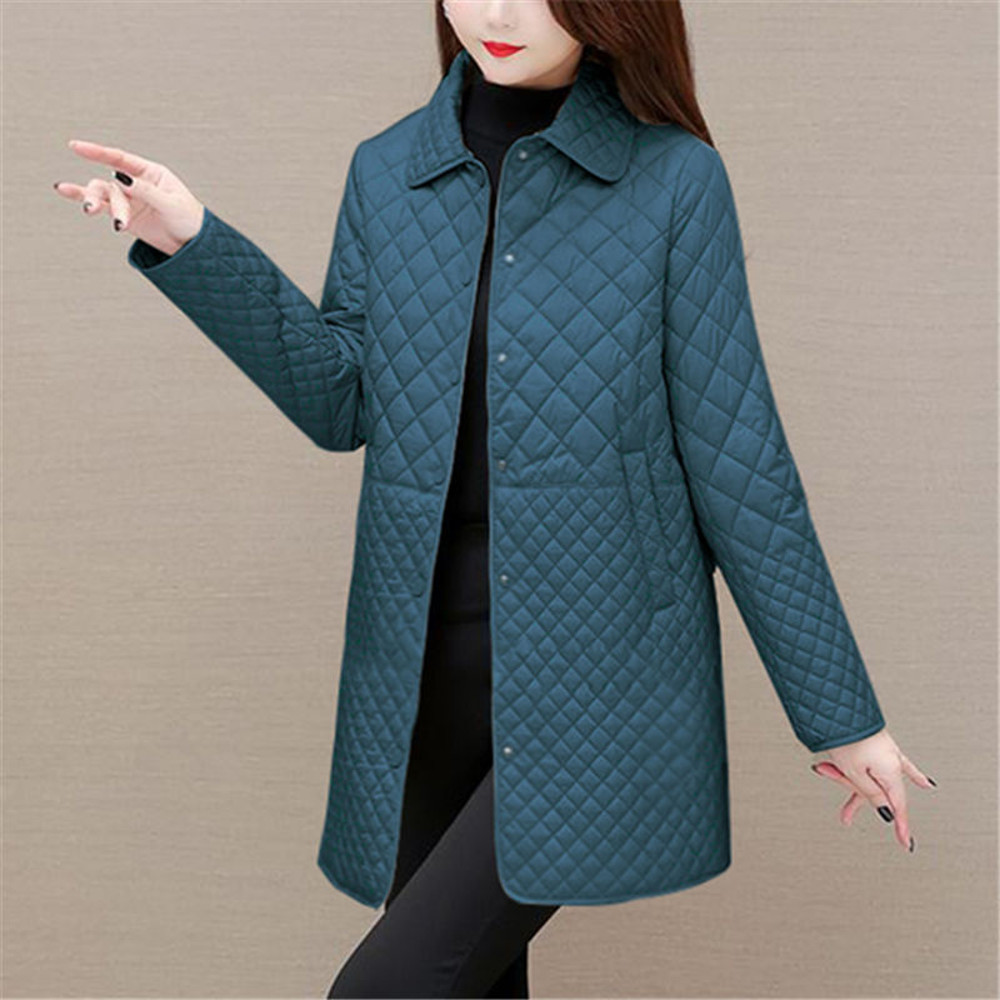 Fashion Plaid Quilted Coat, Women Autumn Winter Jacket, Solid Casual, Thicken Warm Long Sleeve Midi Coat