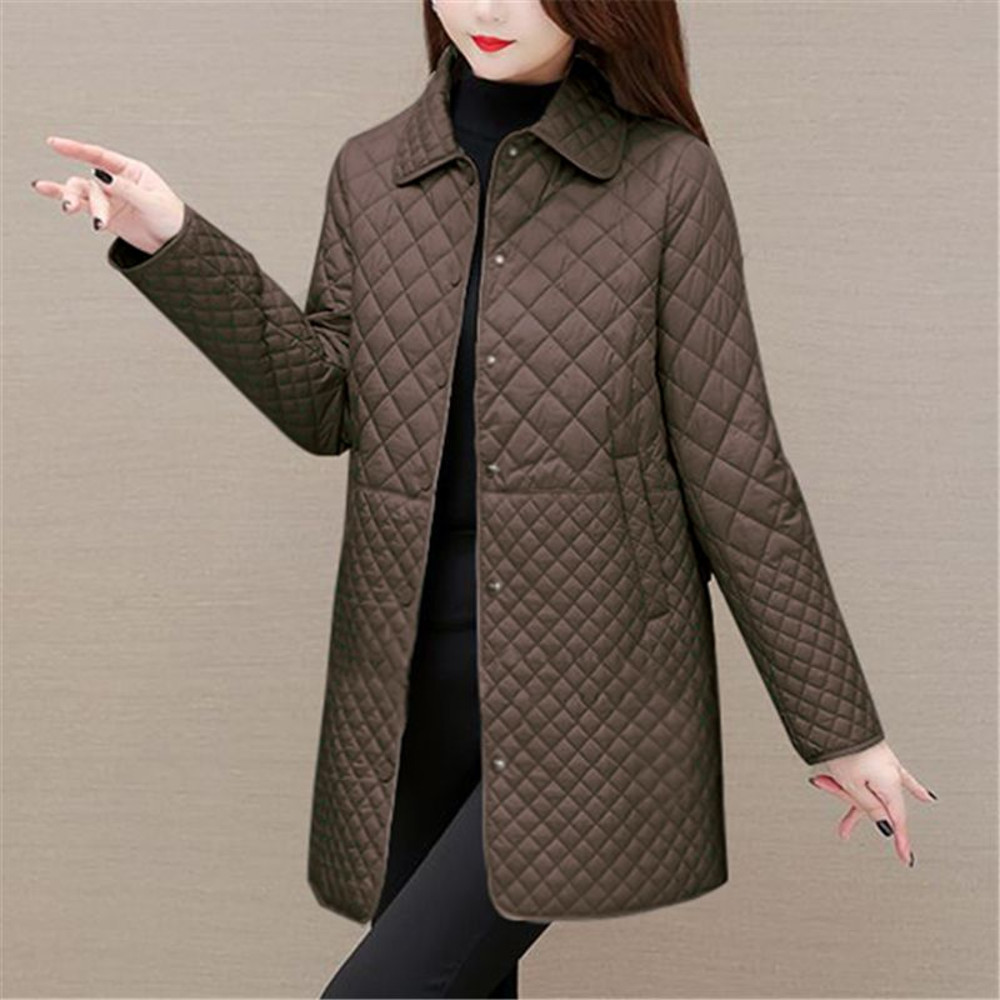 Fashion Plaid Quilted Coat, Women Autumn Winter Jacket, Solid Casual, Thicken Warm Long Sleeve Midi Coat