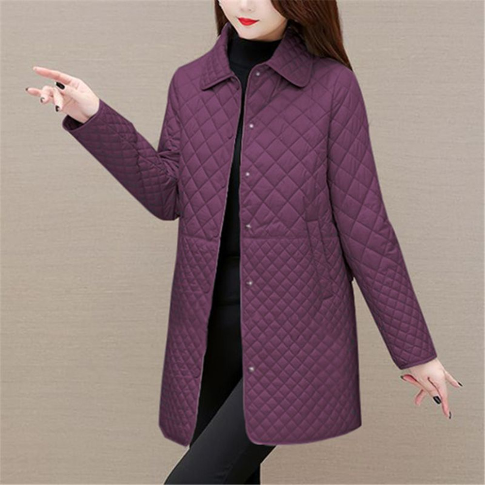 Fashion Plaid Quilted Coat, Women Autumn Winter Jacket, Solid Casual, Thicken Warm Long Sleeve Midi Coat