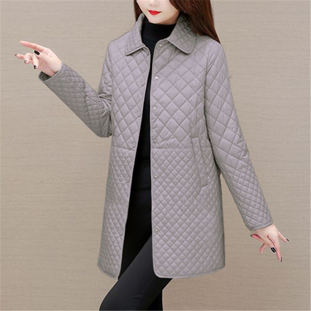 Fashion Plaid Quilted Coat, Women Autumn Winter Jacket, Solid Casual, Thicken Warm Long Sleeve Midi Coat