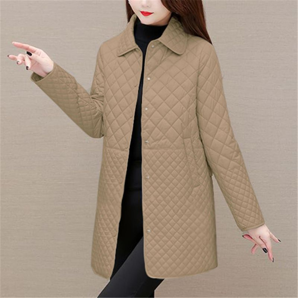 Fashion Plaid Quilted Coat, Women Autumn Winter Jacket, Solid Casual, Thicken Warm Long Sleeve Midi Coat