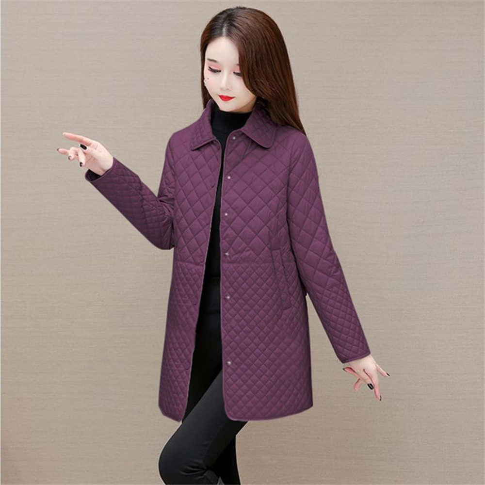 Fashion Plaid Quilted Coat, Women Autumn Winter Jacket, Solid Casual, Thicken Warm Long Sleeve Midi Coat