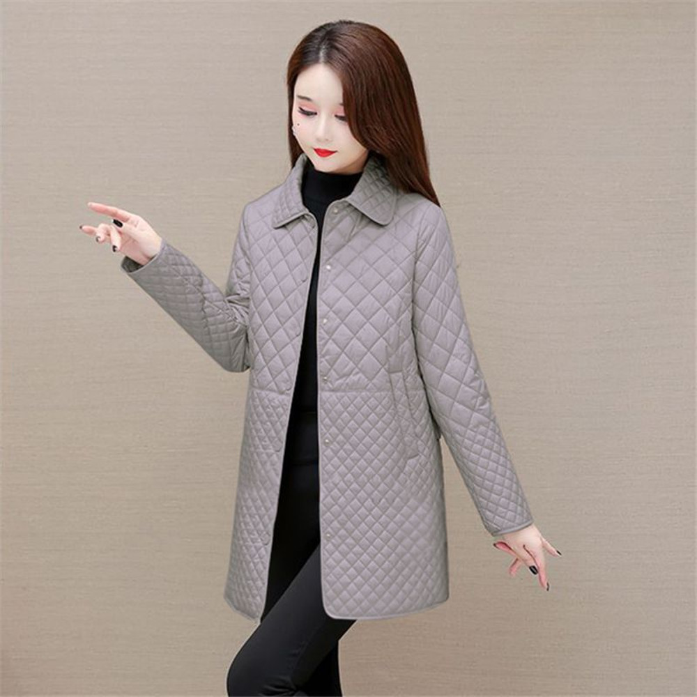 Fashion Plaid Quilted Coat, Women Autumn Winter Jacket, Solid Casual, Thicken Warm Long Sleeve Midi Coat