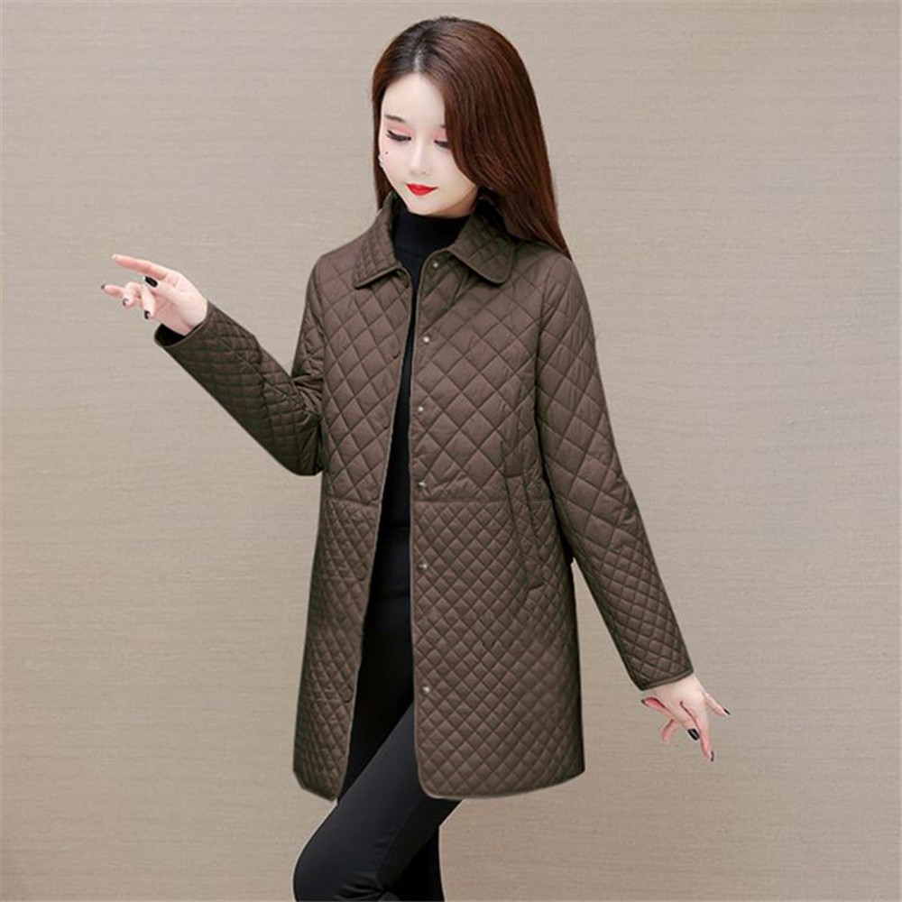Fashion Plaid Quilted Coat, Women Autumn Winter Jacket, Solid Casual, Thicken Warm Long Sleeve Midi Coat