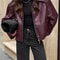 Retro Motorcycle Jacket for Women, Wine Red PU Leather, Autumn Fashion, Matte Finish