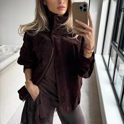 women's streetwear suede jacket, chic brown bomber coat, long sleeve zipper, casual elegant outwear, fall winter