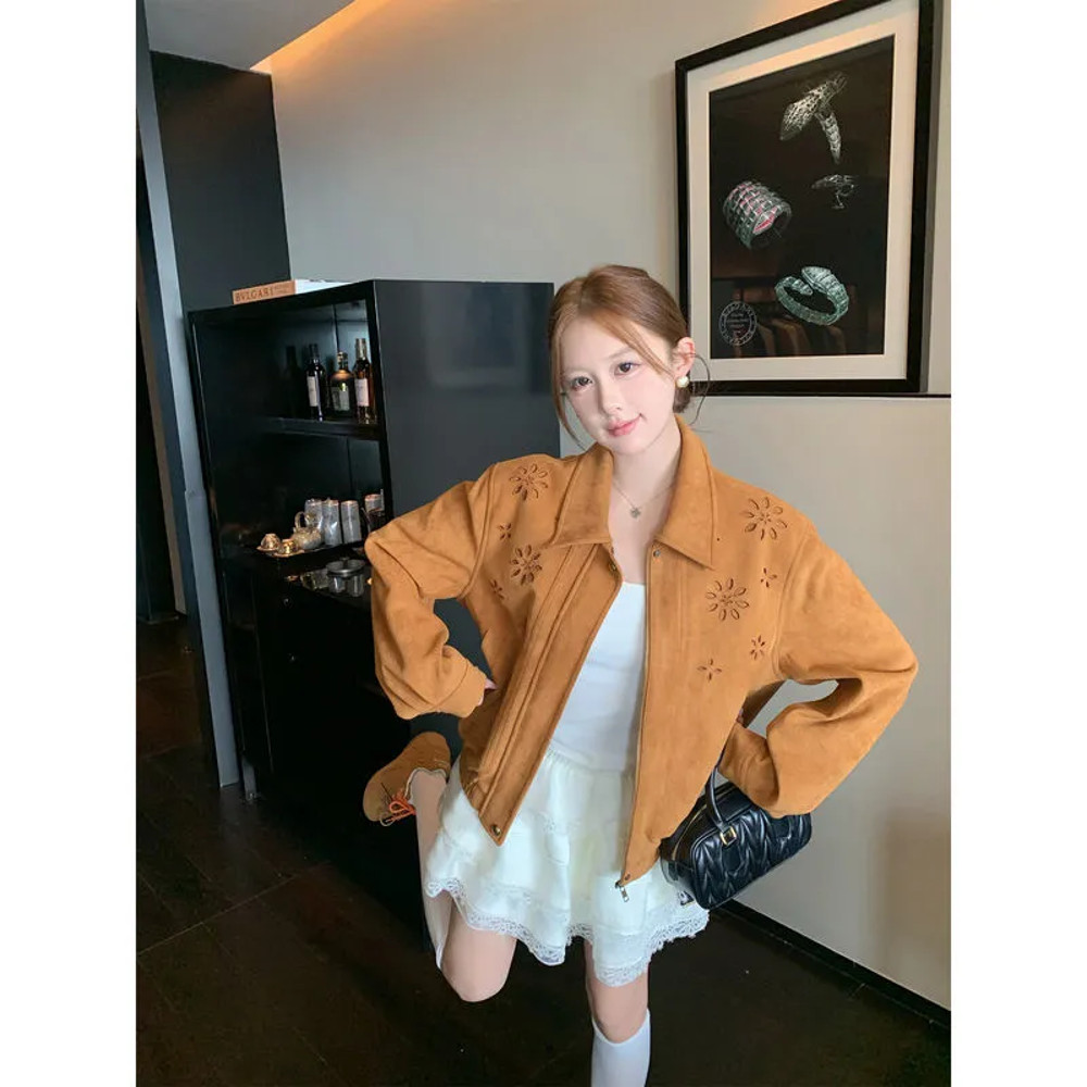 Women Clothes Spring Autumn Cardigan Coat Solid Color Zipper Polo Collar All Match Hollow Out Desig 0