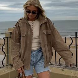 vintage high street tops, fashion loose khaki suede jacket women, lapel zipper long sleeve pockets coat, spring autumn
