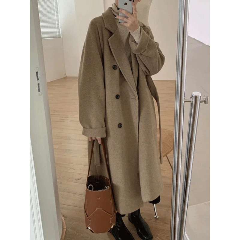 Womens Woolen Coat, Hot Sale Autumn Winter Style, Mid Length Thickened Hepburn Coat, Loose Fit Elegant Outerwear