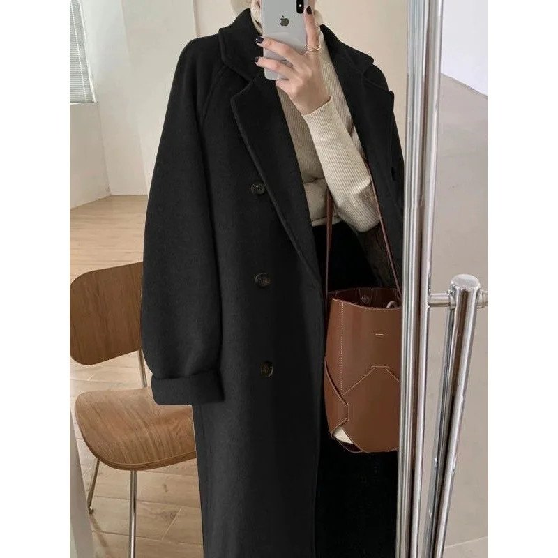 Womens Woolen Coat, Hot Sale Autumn Winter Style, Mid Length Thickened Hepburn Coat, Loose Fit Elegant Outerwear