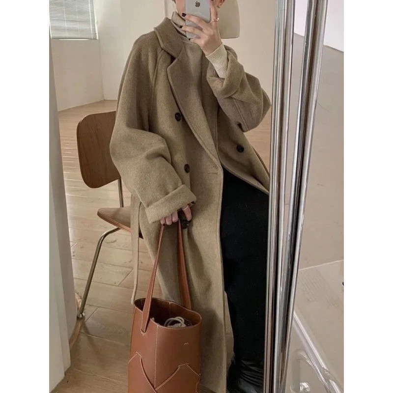 Womens Woolen Coat, Hot Sale Autumn Winter Style, Mid Length Thickened Hepburn Coat, Loose Fit Elegant Outerwear