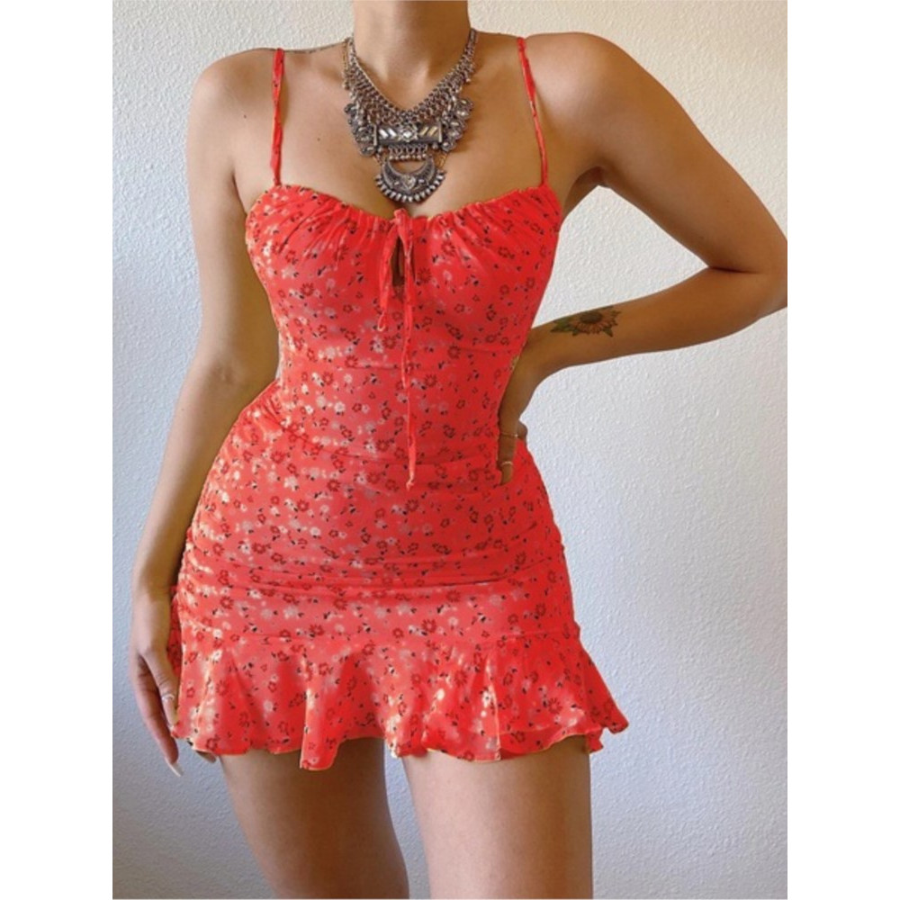 Sexy Floral Print Bodycon Dress, Spaghetti Strap, Sleeveless Mini Dress with Ruffles, Summer Beach Sundress for Women