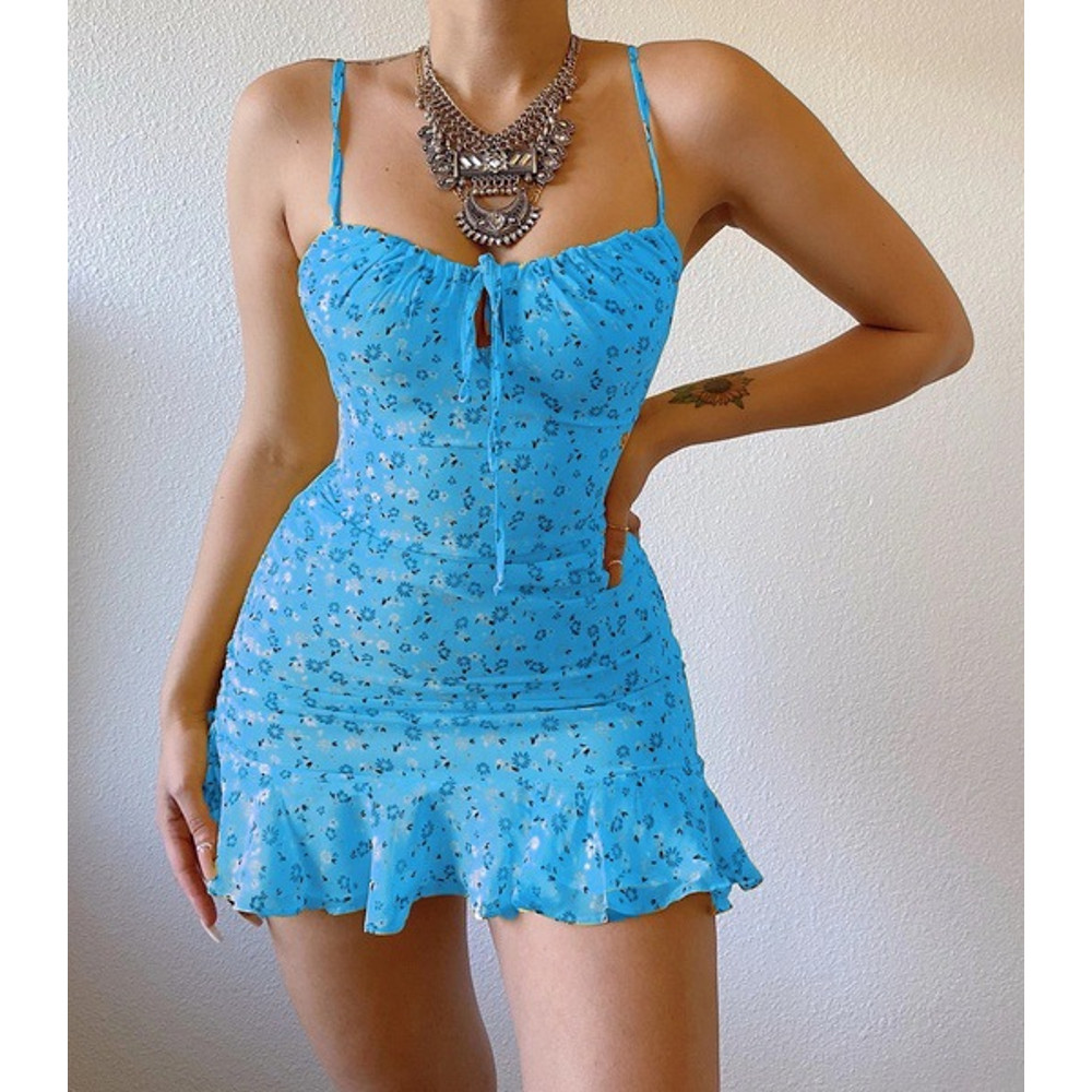 Sexy Floral Print Bodycon Dress, Spaghetti Strap, Sleeveless Mini Dress with Ruffles, Summer Beach Sundress for Women