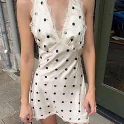 womens white polka dot dress, sexy deep v neck halter, lace print, summer party clubwear, slim casual