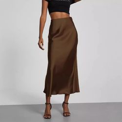 elegant satin midi skirt, versatile solid color long dress, european style with bright light sensation