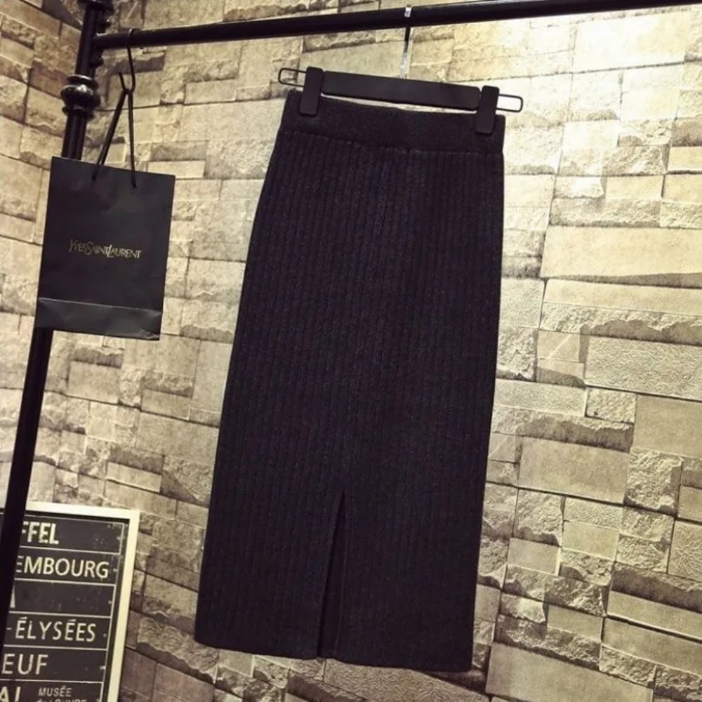 Autumn Winter Knit Dress, Medium Length High Waisted Bodycon Skirt, with Fashion Side Slit, Thickened Yarn