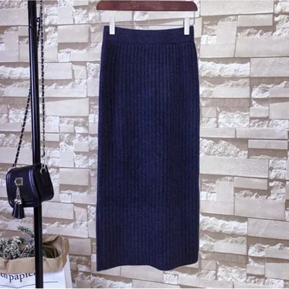 Autumn Winter Knit Dress, Medium Length High Waisted Bodycon Skirt, with Fashion Side Slit, Thickened Yarn