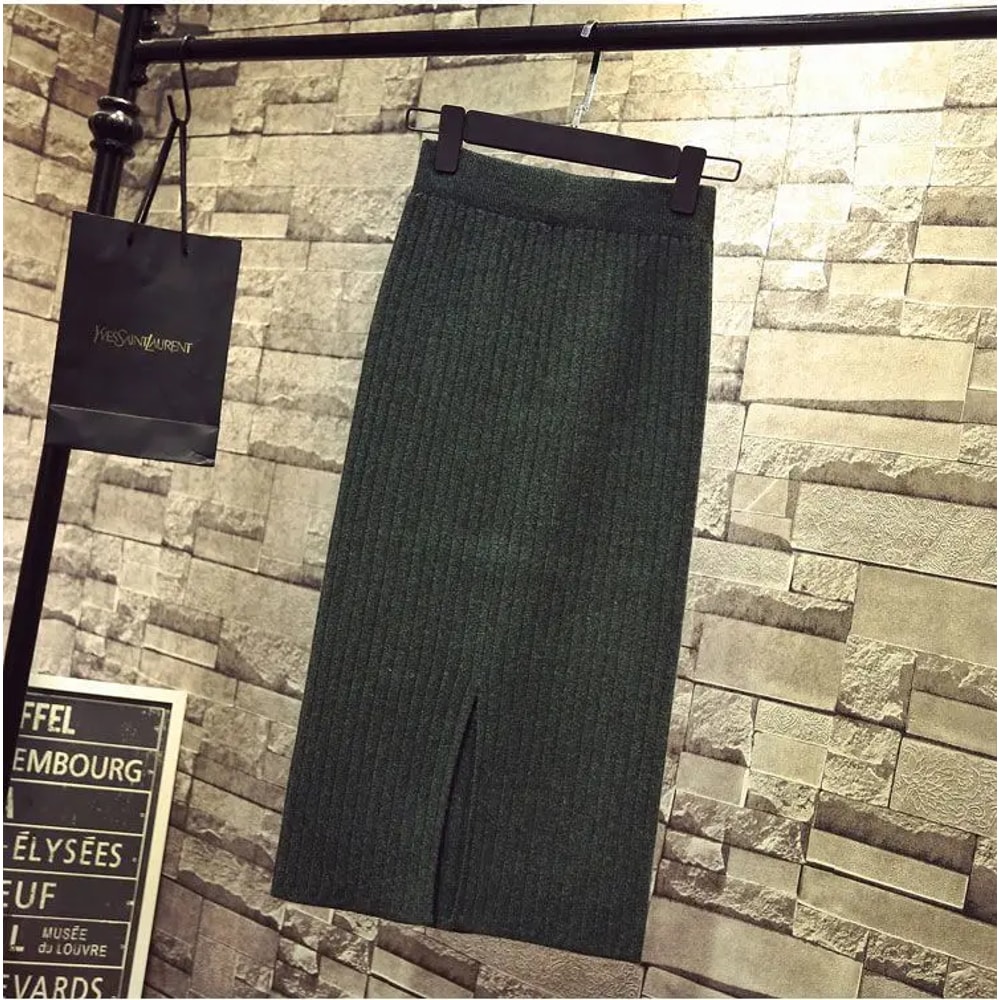 Autumn Winter Knit Dress, Medium Length High Waisted Bodycon Skirt, with Fashion Side Slit, Thickened Yarn