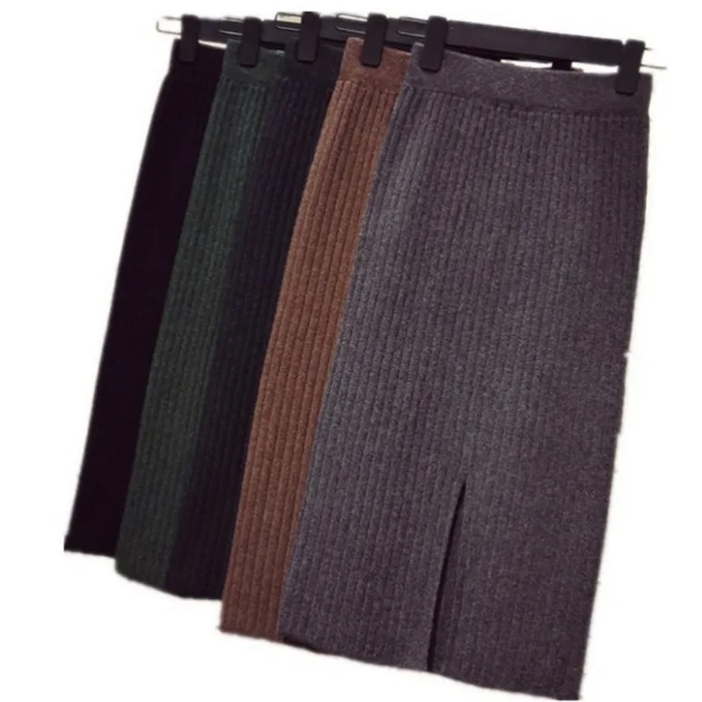 Autumn Winter Knit Dress, Medium Length High Waisted Bodycon Skirt, with Fashion Side Slit, Thickened Yarn