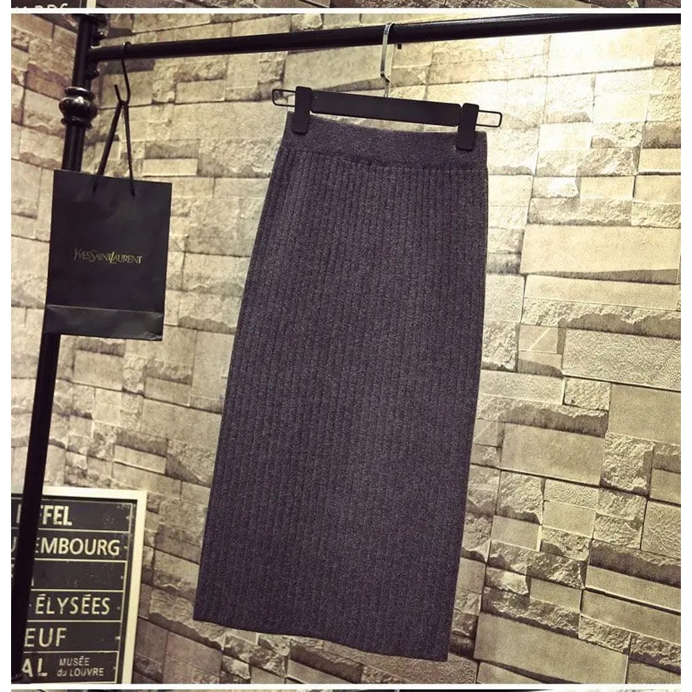 Autumn Winter Knit Dress, Medium Length High Waisted Bodycon Skirt, with Fashion Side Slit, Thickened Yarn