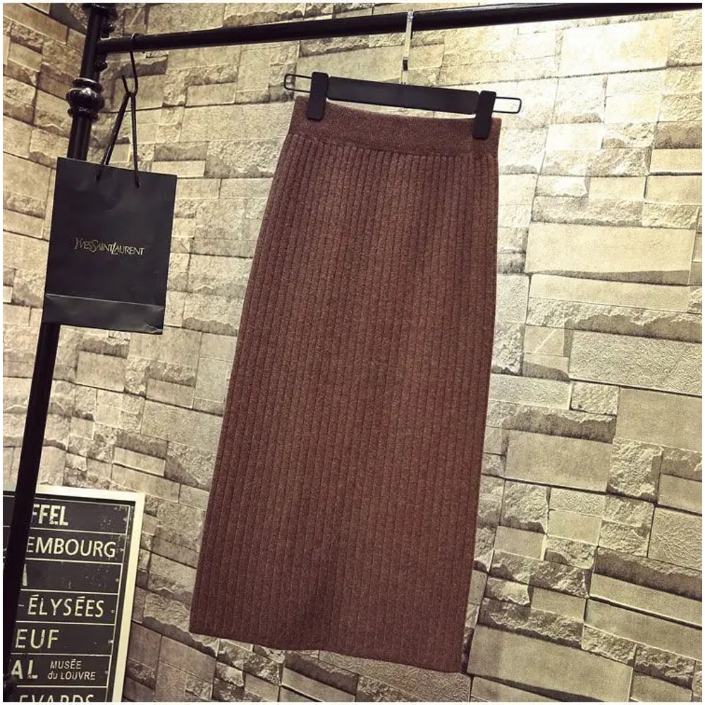 Autumn Winter Knit Dress, Medium Length High Waisted Bodycon Skirt, with Fashion Side Slit, Thickened Yarn