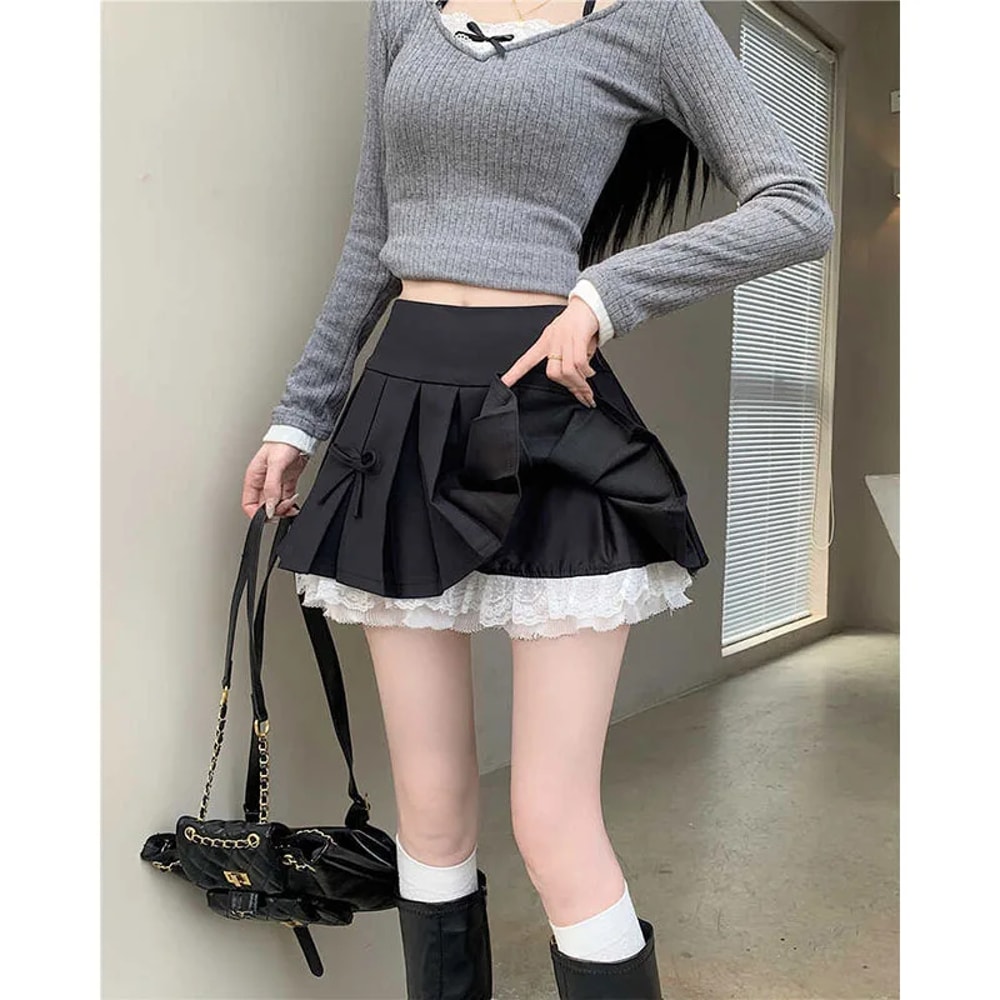 Pure Desire Aesthetic Skirt for Women, High Waisted, A Line Short Spring Skirt, with Lace Bow Trim and Pleats