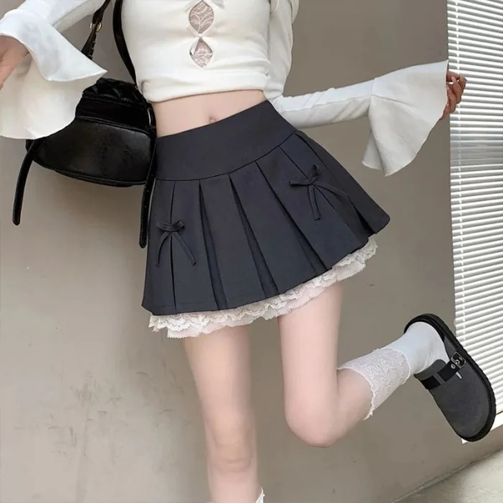 Pure Desire Aesthetic Skirt for Women, High Waisted, A Line Short Spring Skirt, with Lace Bow Trim and Pleats