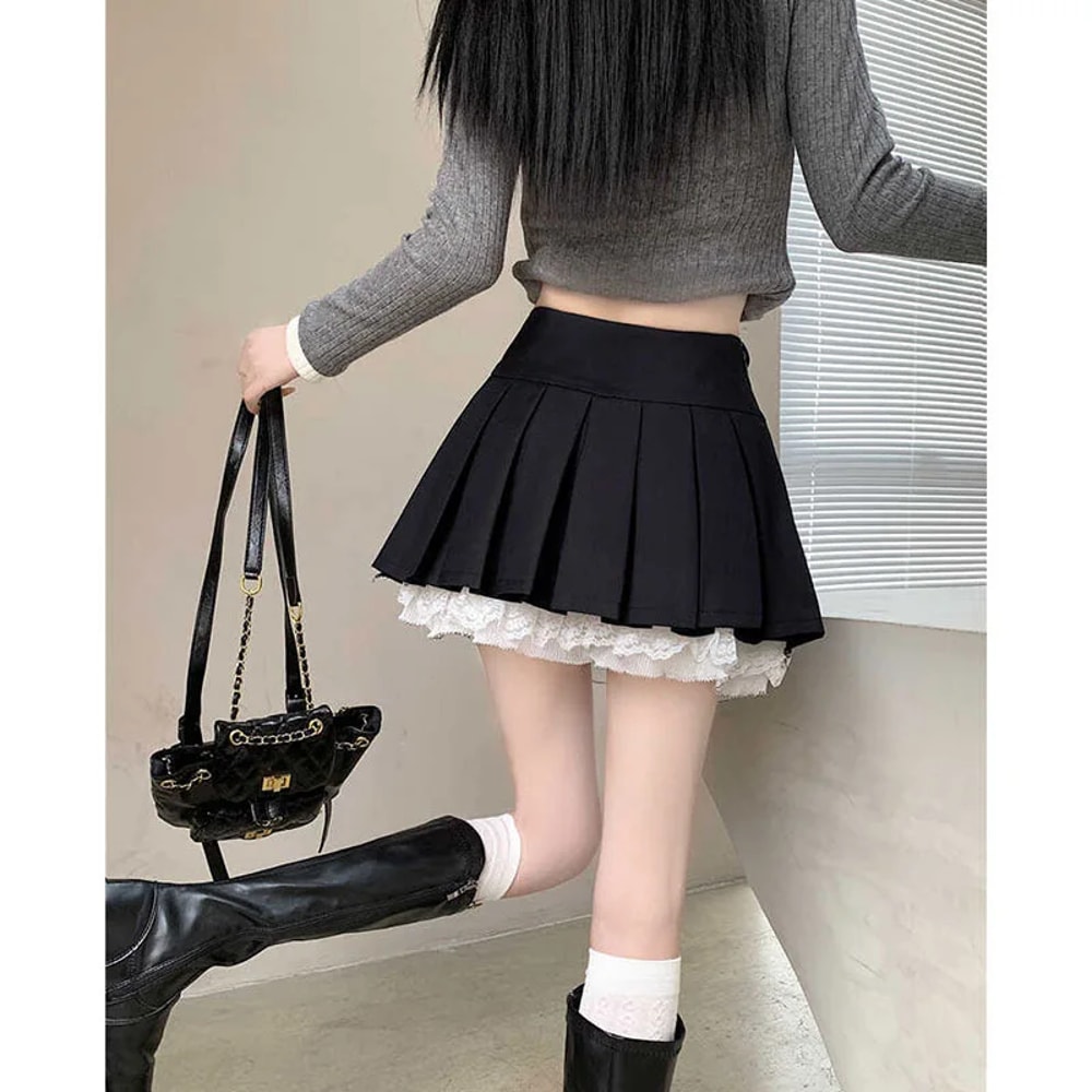 Pure Desire Aesthetic Skirt for Women, High Waisted, A Line Short Spring Skirt, with Lace Bow Trim and Pleats
