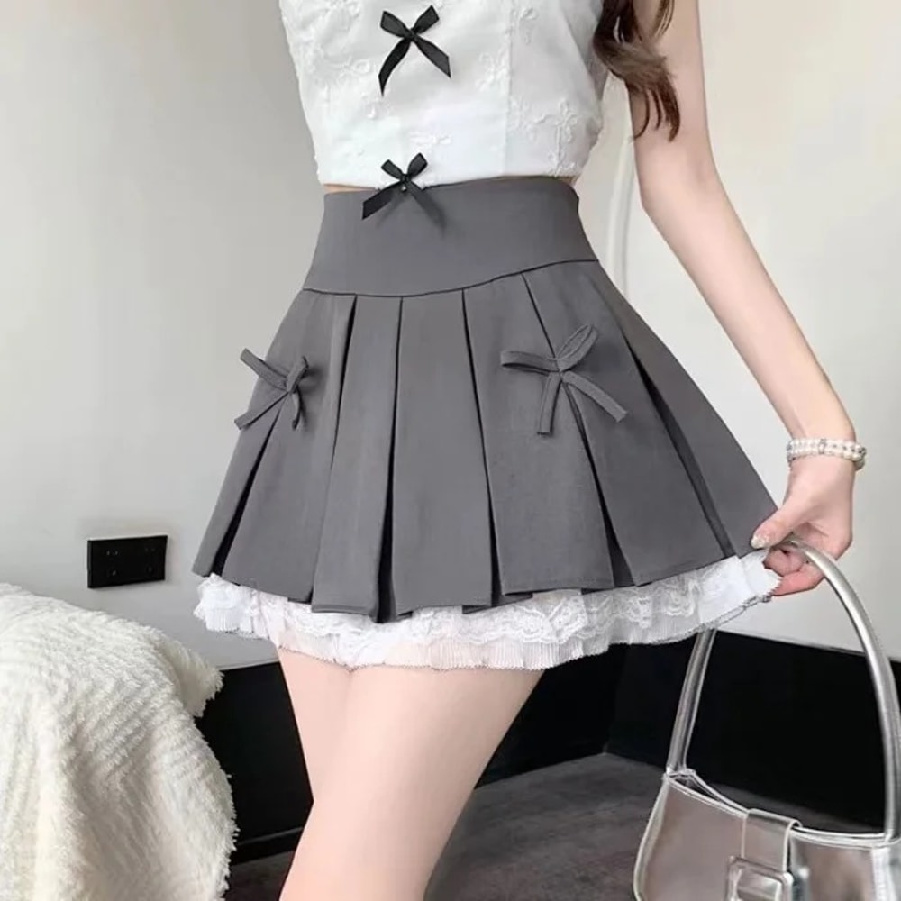 Pure Desire Aesthetic Skirt for Women, High Waisted, A Line Short Spring Skirt, with Lace Bow Trim and Pleats