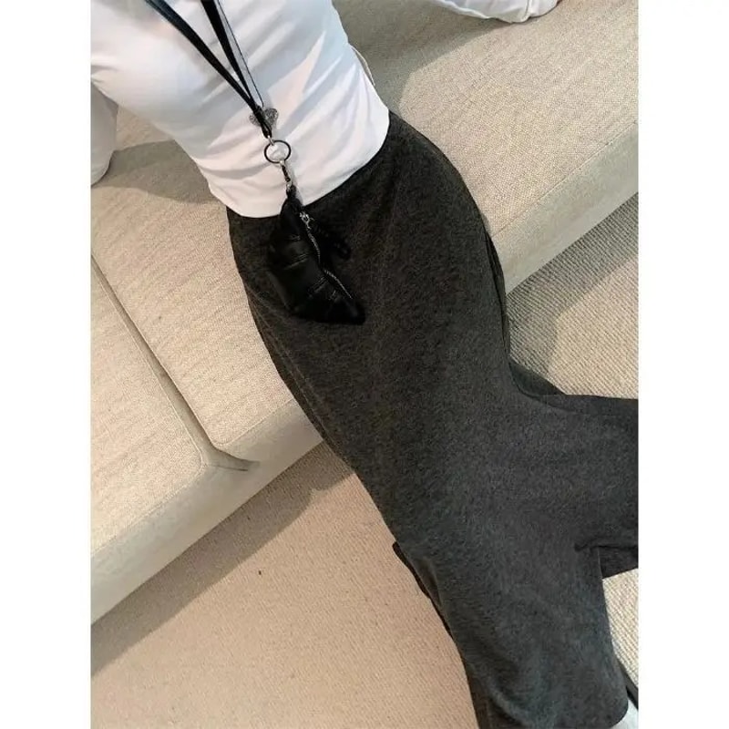 Spring Summer Casual Skirt, Laid Back Grey Elastic Waist, Slimming Long Skirt with Simple Drape Fish Tail