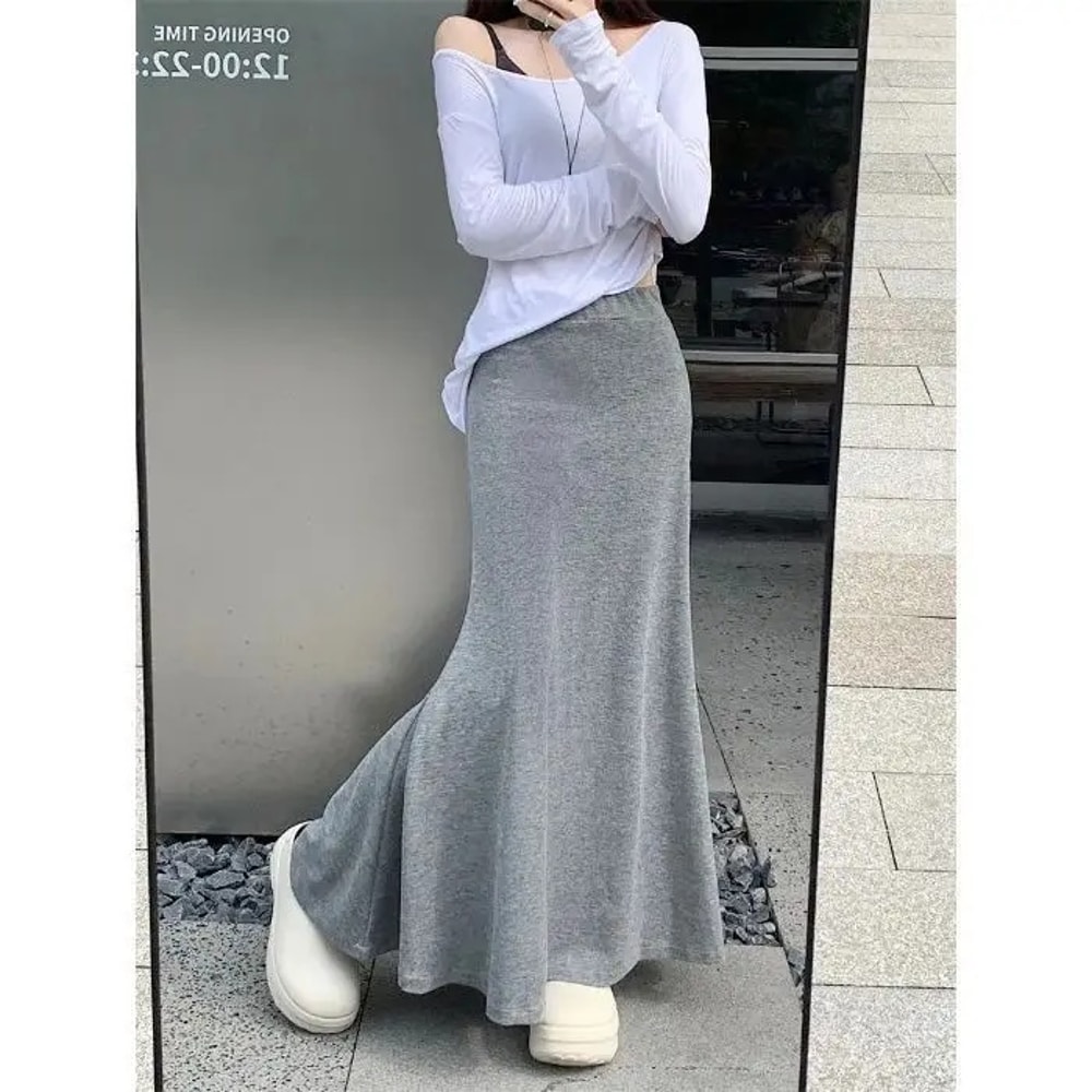 Spring Summer Casual Skirt, Laid Back Grey Elastic Waist, Slimming Long Skirt with Simple Drape Fish Tail