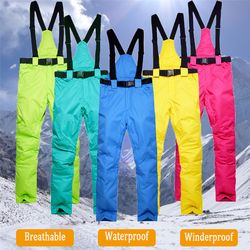 thick warm snowboard pants, windproof waterproof skiing trousers for men and women, with suspenders