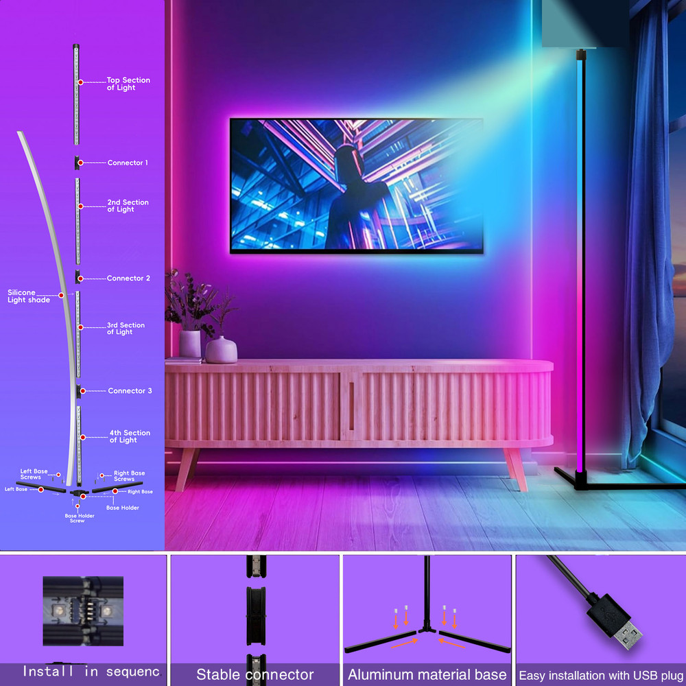 Modern RGB Floor Lamp, Color Changing, Music Sync Mode, Standing Mood Light for Bedroom, Living Room