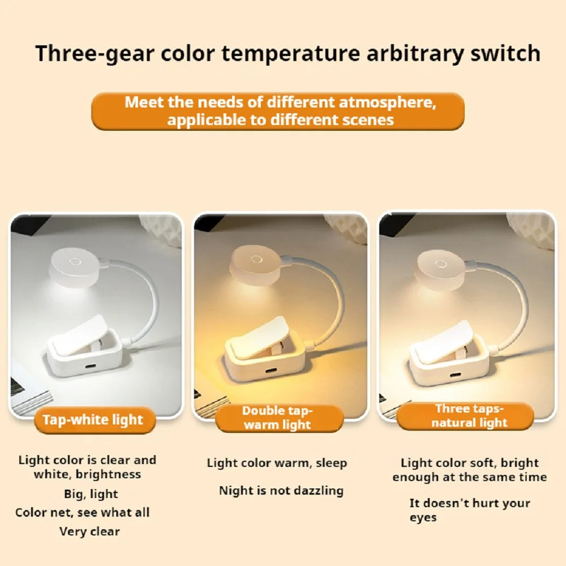 USB Rechargeable Reading Light, Mini LED Book Light, 3 Mode Adjustable, Clip On Lamp for Bedroom, Study, and Travel
