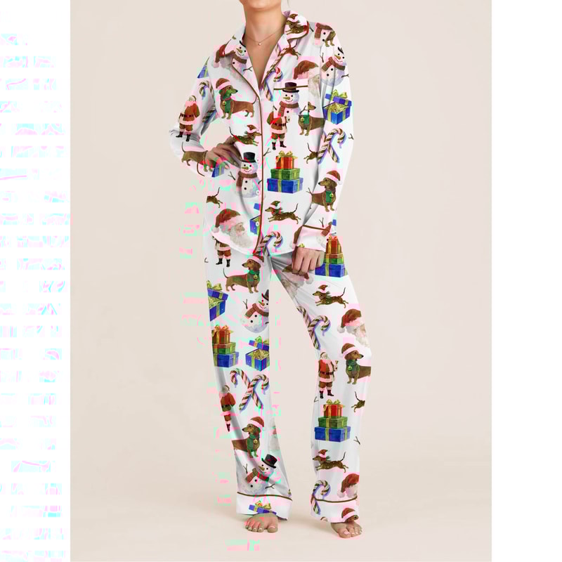 Christmas Women Pajama Set, Festive Long Sleeve Shirt and Pants, Cozy Holiday Sleepwear Loungewear with Bow, Dog