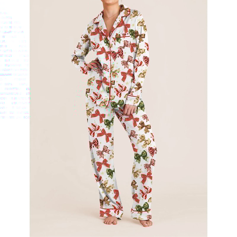 Christmas Women Pajama Set, Festive Long Sleeve Shirt and Pants, Cozy Holiday Sleepwear Loungewear with Bow, Dog