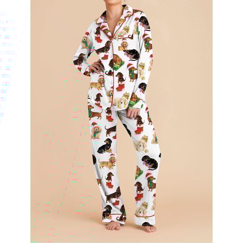 Christmas Women Pajama Set, Festive Long Sleeve Shirt and Pants, Cozy Holiday Sleepwear Loungewear with Bow, Dog