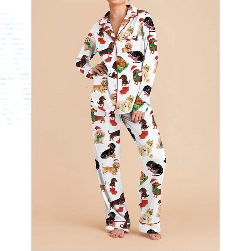Christmas Women Pajama Set, Festive Long Sleeve Shirt and Pants, Cozy Holiday Sleepwear Loungewear with Bow, Dog