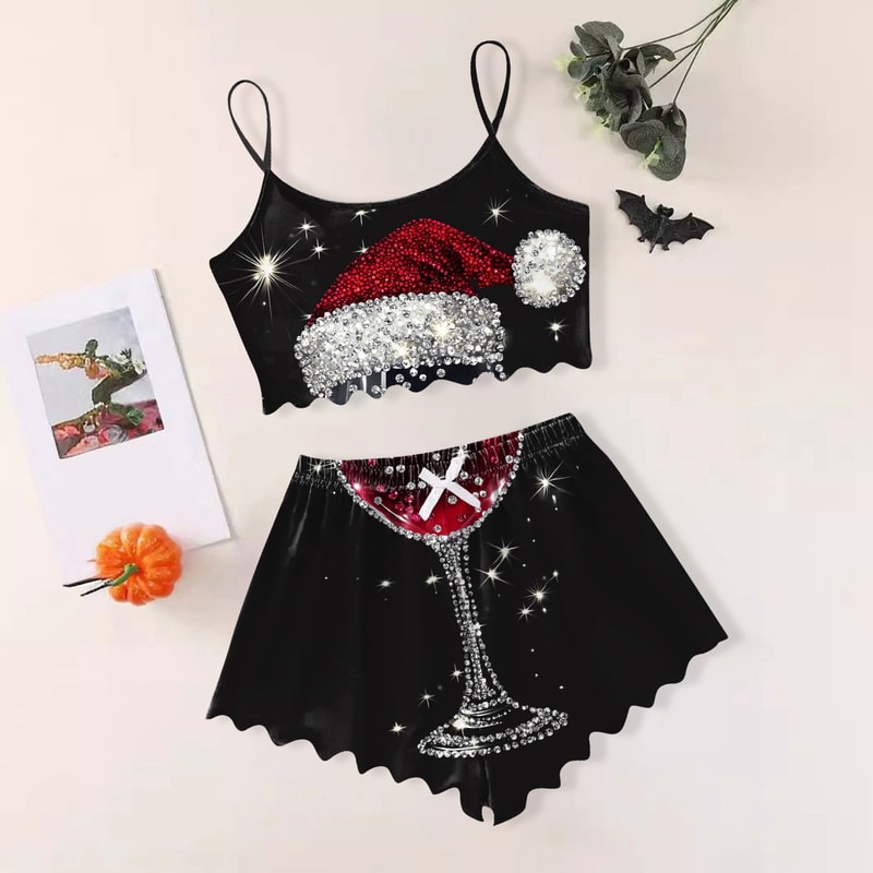 Womens Sexy Christmas Pajama Set Sleeveless Shorts Sleepwear Slim Fit Lingerie For Holiday Daily Ho 1