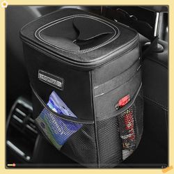car trash can with lid, leak proof, 2 gallon capacity, storage pockets organizer, black