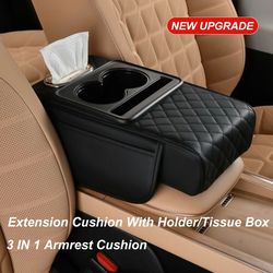 thickened car center console armrest cushion, with side extension, cup holder, and tissue box organizer