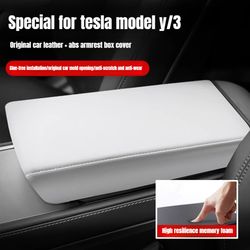 tesla model y armrest box cover, leather and abs protective lid, highland and juniper, center console accessory