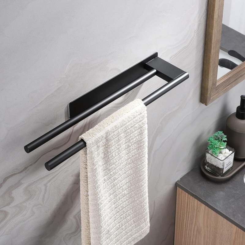 No Drill Towel Rack, Stainless Steel Black Adhesive Bar, for Bathroom and Kitchen